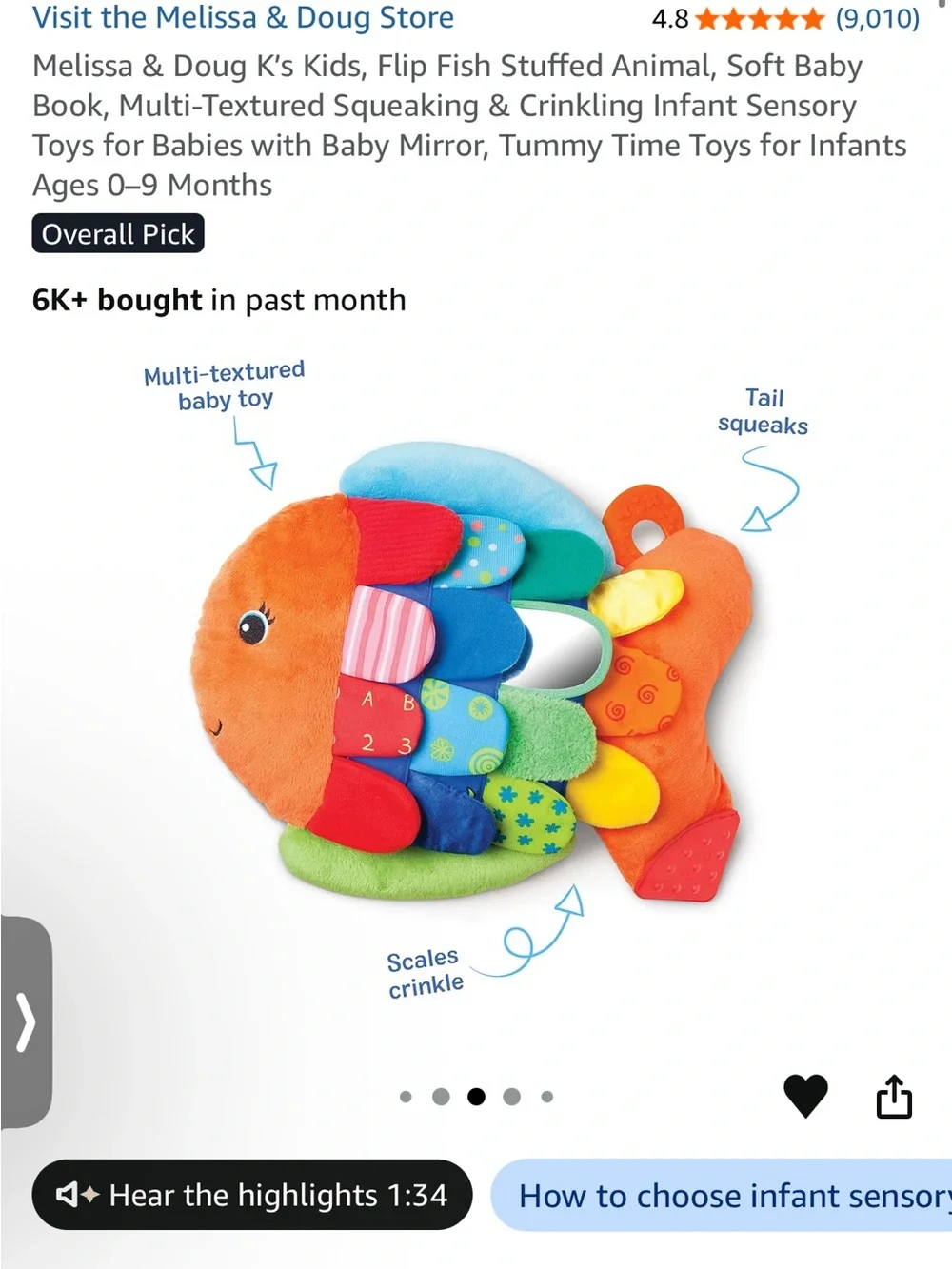 Melissa & Doug Multi-Textured Flip Fish sensory Baby Toy Orange Multi 0-9m GUC